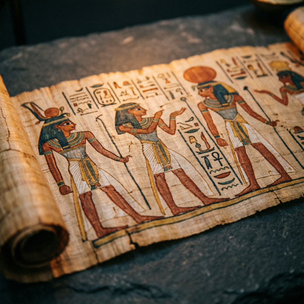 古代エジプトの絵入りパピルス。神々と象形文字が描かれた古文書