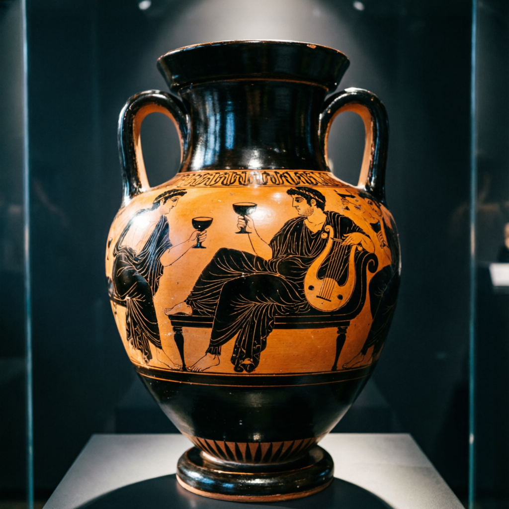 饗宴の場面が描かれた古代ギリシャの赤絵式アンフォラ。リュラを奏でる人物と杯を持つ人物