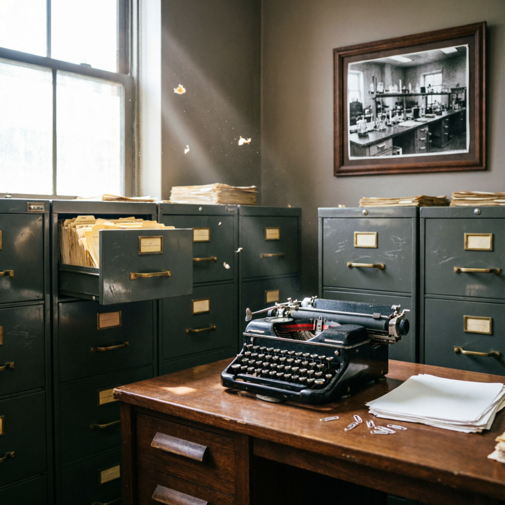1950年代の研究資料室。ファイルキャビネットとタイプライターが並ぶモノクロ調の風景