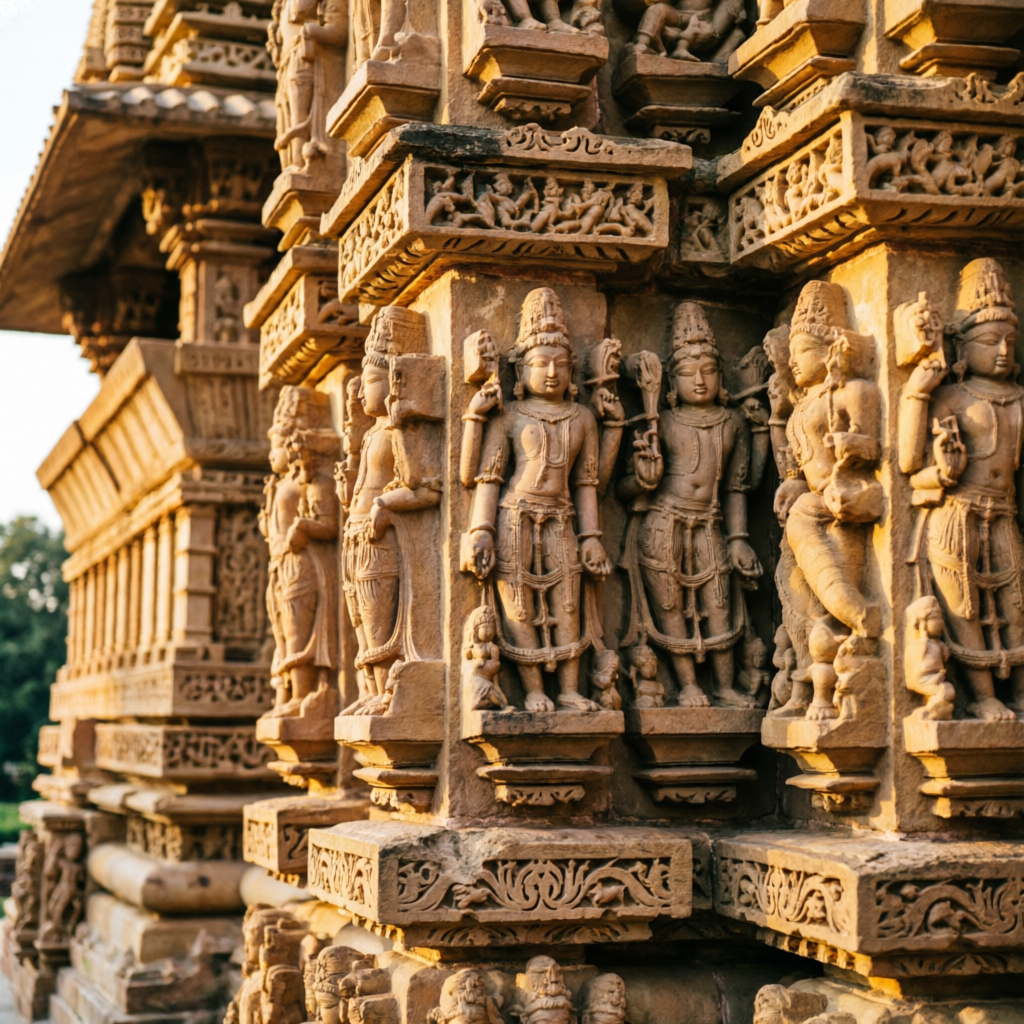 インド・カジュラホの寺院壁面の精緻な砂岩彫刻。神々と天上人の像が並ぶ